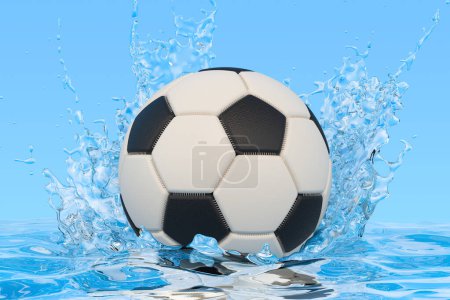 Foto de Pelota de fútbol con salpicaduras de agua transparentes, representación 3D - Imagen libre de derechos
