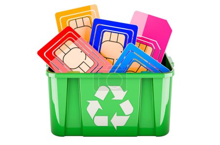 Téléchargez les photos : Recyclage poubelle avec carte SIM, rendu 3D isolé sur fond blanc - en image libre de droit