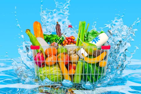 Foto de Cesta de la compra con productos, frutas y verduras con salpicaduras de agua transparentes, representación 3D - Imagen libre de derechos