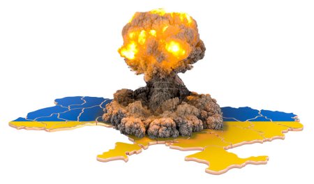 Explosión bomba nuclear en el mapa ucraniano, representación 3D aislado en el fondo blanco