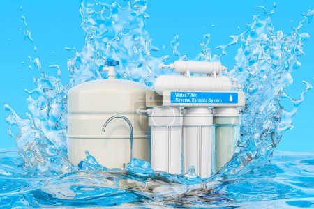 Photo for Reverse osmosis system with transparent water splashes, 3D rendering - Royalty Free Image