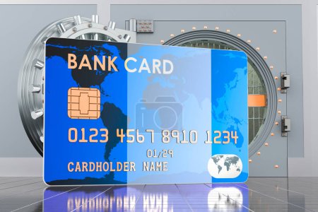 Foto de Tarjeta de crédito con bóveda bancaria abierta, renderizado 3D - Imagen libre de derechos