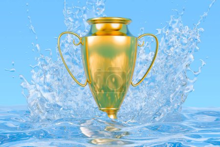 Foto de Trofeo de oro copa premio con salpicaduras de agua transparentes, representación 3D - Imagen libre de derechos