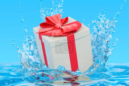 Foto de Caja de regalo con salpicaduras de agua transparentes, representación 3D - Imagen libre de derechos