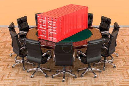 Photo for Round table with cargo container and armchairs around, 3D rendering - Royalty Free Image
