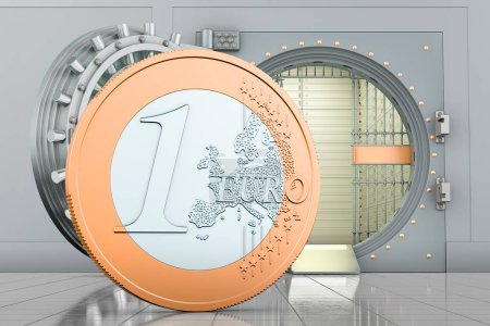 Foto de Moneda euro con bóveda de banco abierta, renderizado 3D - Imagen libre de derechos