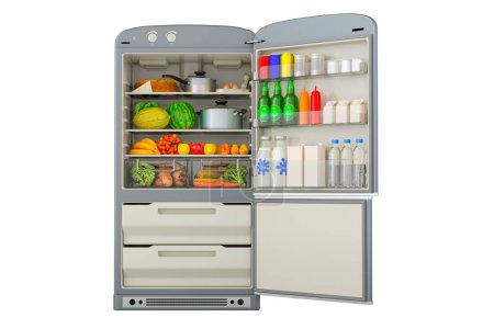Téléchargez les photos : Réfrigérateur ouvert avec fruits et légumes frais et aliments sains, rendu 3D isolé sur fond blanc - en image libre de droit