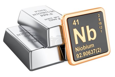 Foto de Lingotes de niobio con icono de elemento químico Niobio Nb, renderizado 3D aislado sobre fondo blanco - Imagen libre de derechos