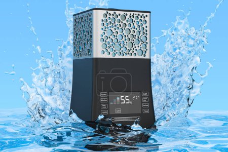 Foto de Humidificador ultrasónico con salpicaduras de agua transparentes, representación 3D - Imagen libre de derechos