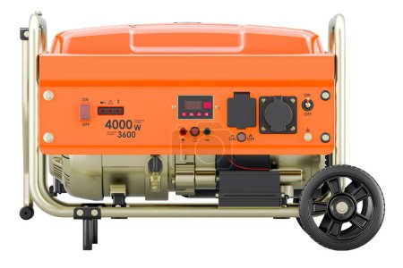 Gasoline Generator with frame and wheels, side view. 3D rendering isolated on white background