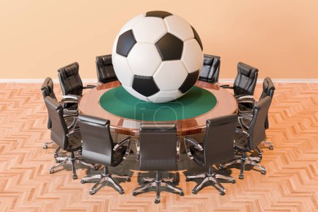 Mesa redonda con pelota de fútbol y sillones alrededor, representación 3D