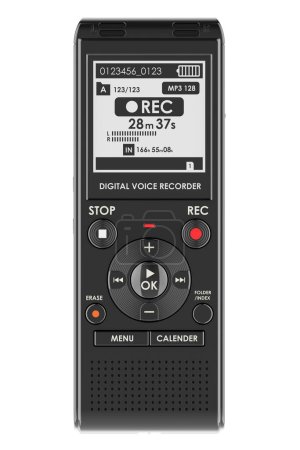 Dictaphone, digital voice recorder. Front view, 3D rendering isolated on white background