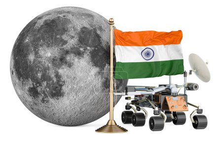Photo for Indian Lunar Exploration Program. Planetary rover with Moon and Indian flag. 3D rendering isolated on white background - Royalty Free Image