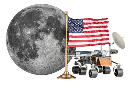 Photo for The USA Lunar Exploration Program. Planetary rover with Moon and the United States flag. 3D rendering isolated on white background - Royalty Free Image