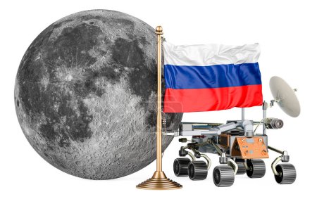 Photo for Russian Lunar Exploration Program. Planetary rover with Moon and Russian flag. 3D rendering isolated on white background - Royalty Free Image