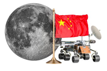 Photo for Chinese Lunar Exploration Program. Planetary rover with Moon and Chinese flag. 3D rendering isolated on white background - Royalty Free Image
