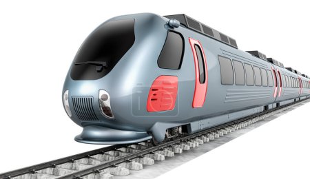 Train à grande vitesse sur les rails. rendu 3D isolé sur fond blanc