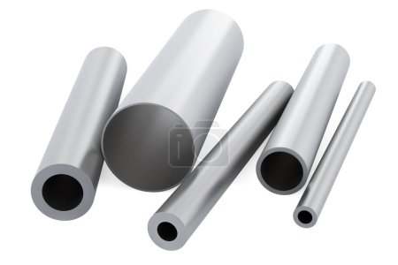 Steel round pipes, stack of different sizes stainless, steel round pipes. 3D rendering isolated on transparent background 