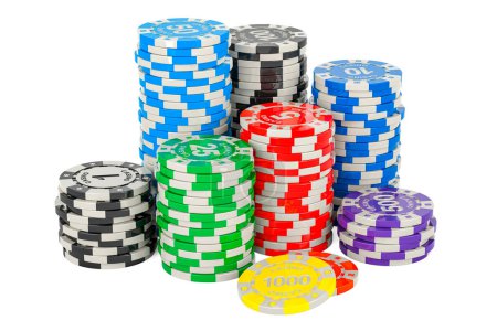 Fichas de Casino, fichas de Poker. Representación 3D aislada sobre fondo blanco