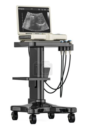 Medizinische Ultraschalldiagnostikmaschine, Ultraschall-Diagnosesystem. 3D-Rendering isoliert auf weißem Hintergrund