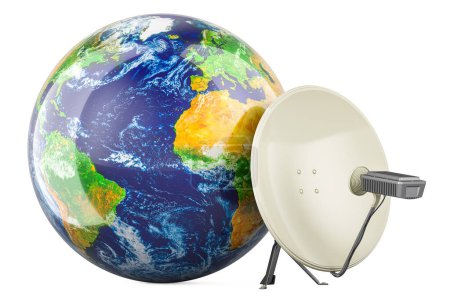 Téléchargez les photos : Globe terrestre avec antenne parabolique et modem satellite. Concept mondial d'accès Internet par satellite. rendu 3D isolé sur fond blanc - en image libre de droit