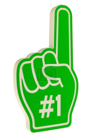 Sportfan-Handschuh. Nummer 1 grüne Fächerhand, Handschuh mit erhobenem Finger flach, 3D-Rendering isoliert auf weißem Hintergrund