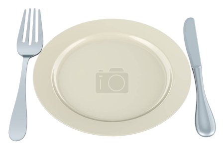 Photo for Empty plate with fork and knife, 3D rendering isolated on white background - Royalty Free Image