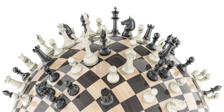 Foto de Tablero de ajedrez como esfera a cuadros con piezas de ajedrez. Representación 3D aislada sobre fondo blanco - Imagen libre de derechos