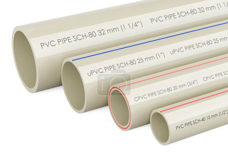 Foto de Conjunto de tubos de PVC, tubo compuesto, tubo de uPVC, tubo de cPVC, renderizado 3D aislado sobre fondo blanco - Imagen libre de derechos