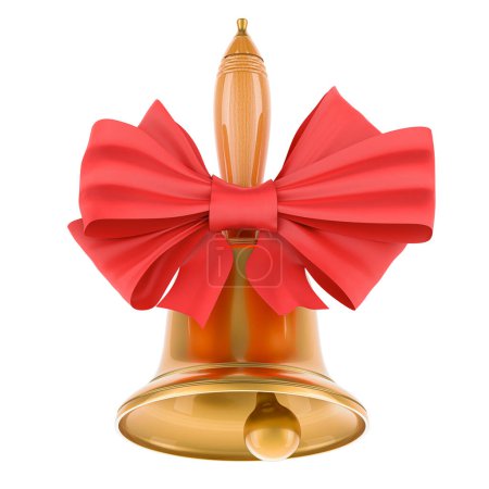 Téléchargez les photos : Cloche de Noël avec poignée en bois. Cloche dorée avec arc rouge, rendu 3D isolé sur fond blanc - en image libre de droit