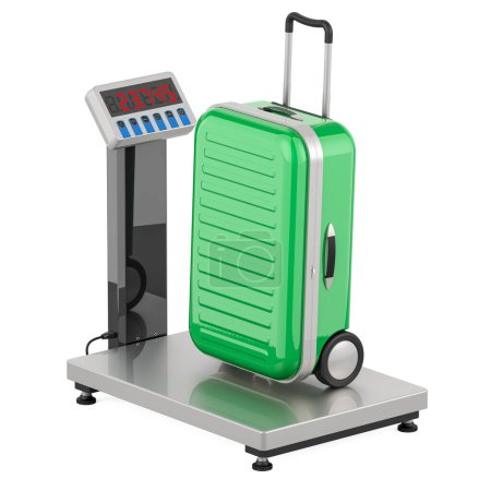 Foto de Control de equipaje Concepto de pesaje. Escala digital de pie con equipaje, representación 3D aislada sobre fondo blanco - Imagen libre de derechos