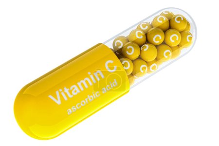 Foto de Cápsula de vitamina C, ácido ascórbico. Representación 3D aislada sobre fondo blanco - Imagen libre de derechos