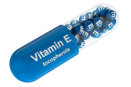 Foto de Cápsula de vitamina E, tocoferoles. Representación 3D aislada sobre fondo blanco - Imagen libre de derechos