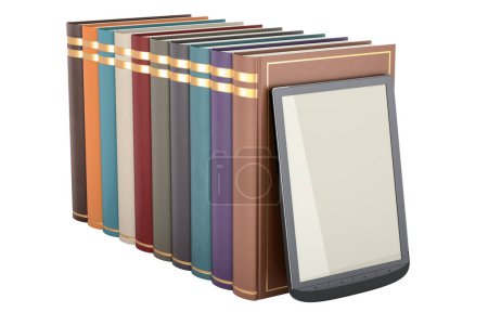 Photo for E-book reader with books, 3D rendering isolated on white background - Royalty Free Image