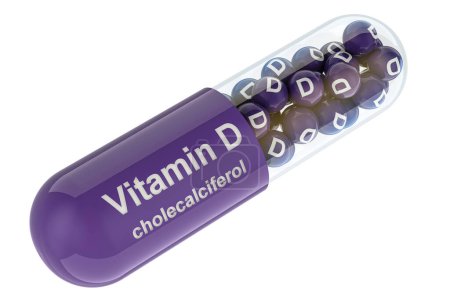 Téléchargez les photos : Capsule de vitamine D, cholécalciférol. rendu 3D isolé sur fond blanc - en image libre de droit