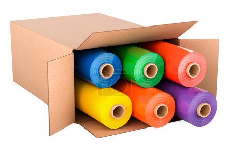 Foto de Rollos de cinta de plástico de polietileno de PVC coloreado dentro de la caja de cartón, renderizado 3D aislado sobre fondo blanco - Imagen libre de derechos