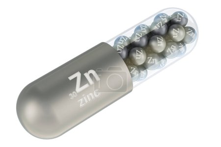 Capsule avec élément zinc Zn, rendu 3D isolé sur fond blanc