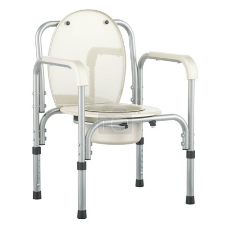 Cómoda silla de acero. Aseo de baño portátil para ancianos, discapacitados y usuarios de inodoros. Cómoda de noche plegable, silla cómoda para inodoro es ajustable en altura, renderizado 3D aislado sobre fondo blanco