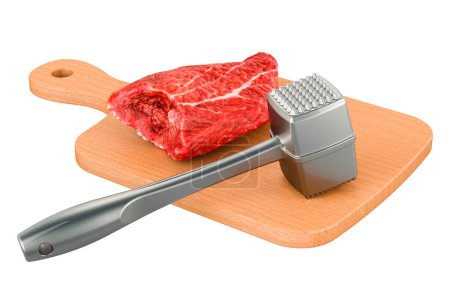 Photo for Beef lies on a wooden board with meat tenderizer, 3D rendering isolated on white background - Royalty Free Image