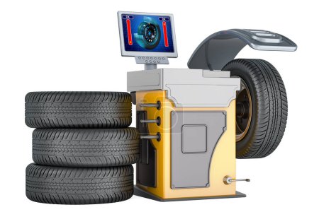 Foto de Máquina de equilibrio de ruedas con ruedas de coche, renderizado 3d aislado sobre fondo blanco - Imagen libre de derechos