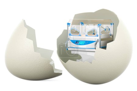 Foto de Incubadora neonatal dentro de cáscara de huevo. Día Mundial de la Prematuridad, concepto. Renderizado 3D - Imagen libre de derechos