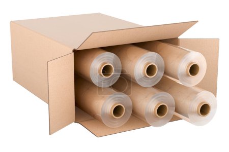 Foto de Rollos de envoltura elástica dentro de la caja de cartón, renderizado 3D aislado sobre fondo blanco - Imagen libre de derechos