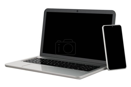 Foto de Laptop y smartphone, renderizado 3D aislado sobre fondo blanco - Imagen libre de derechos