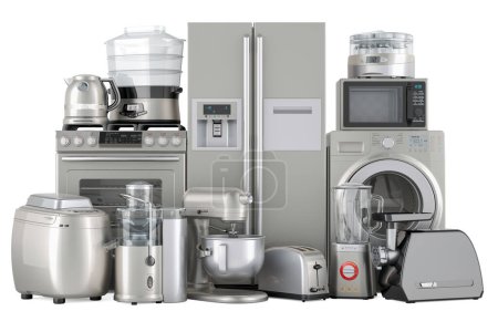 Set of kitchen appliances, silver color. Toaster, kettle, mixer, gas stove, washing machine, blender, yogurt maker, steamer, juicer, refrigerator, microwave, grinder and bread machine. 3D rendering isolated on white background