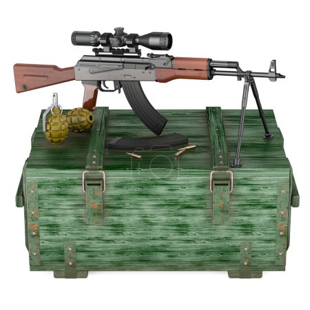 Téléchargez les photos : Fusil d'assaut avec visée télescopique et bipied, grenades à main sur boîte à munitions militaire en bois, rendu 3D isolé sur fond blanc - en image libre de droit