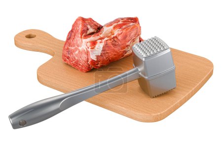 Photo for Meat on a wooden board with meat tenderizer, 3D rendering isolated on white background - Royalty Free Image