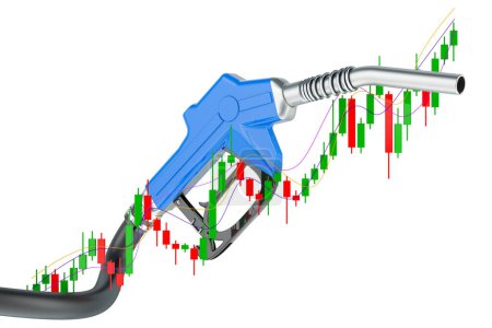 Photo for Fuel pump nozzle with candlestick chart, showing uptrend market. 3D rendering isolated on white background - Royalty Free Image