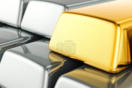 Foto de Barra de oro y lingotes de plata o platino, representación 3D - Imagen libre de derechos