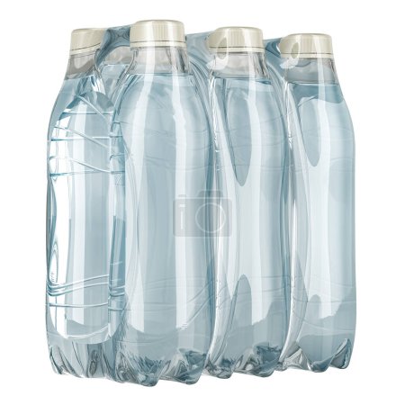 Téléchargez les photos : Petites bouteilles d'eau enveloppées dans le film rétractable, rendu 3D isolé sur fond blanc - en image libre de droit