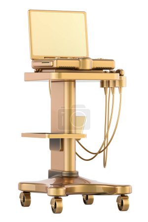 Téléchargez les photos : Machine de diagnostic à ultrasons médicale portable dorée, concept de récompense. rendu 3D isolé sur fond blanc - en image libre de droit